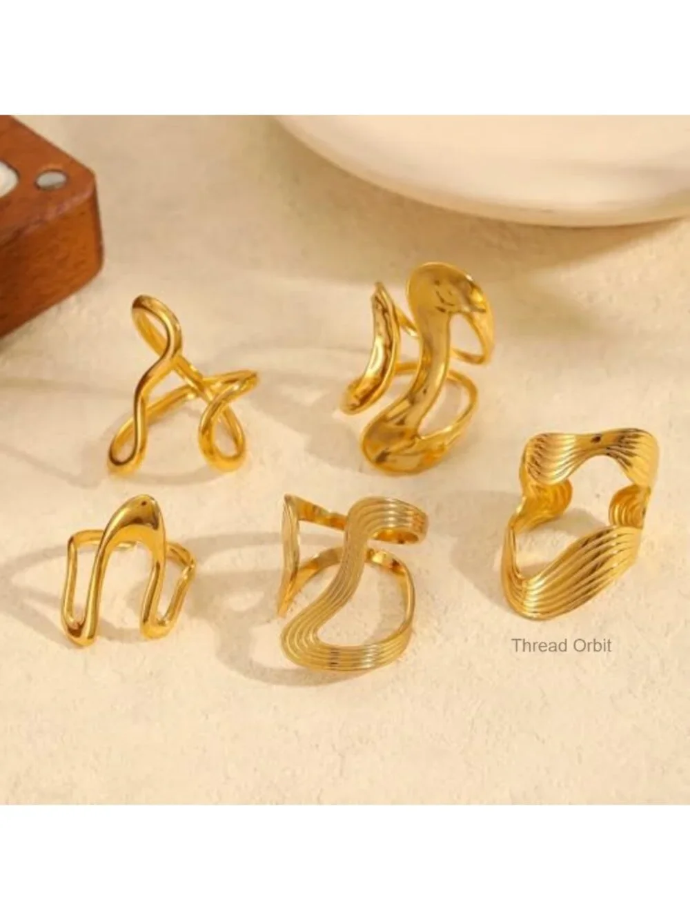 Asymmetrical Wavy Curve Chunky Ring, Adjustable Stainless Steel Statement Ring
